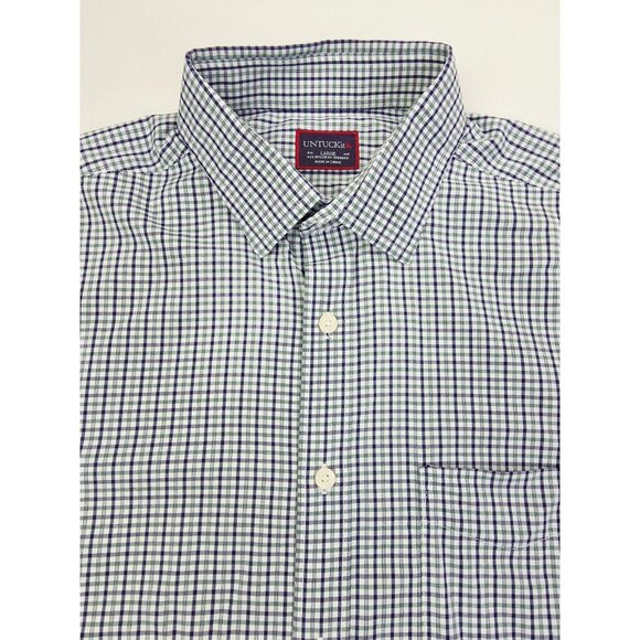 Untuckit Size Large Mens White Green Navy Check Long Sleeve Logo Tag Nylon Shirt - Picture 1 of 11